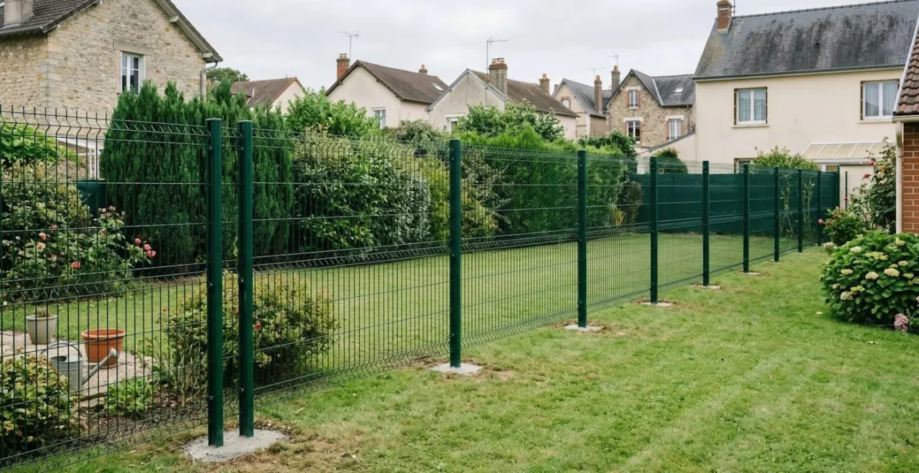 Clôture rigide installée dans un jardin résidentiel avec poteaux parfaitement alignés