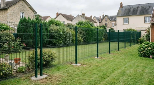 Clôture rigide installée dans un jardin résidentiel avec poteaux parfaitement alignés