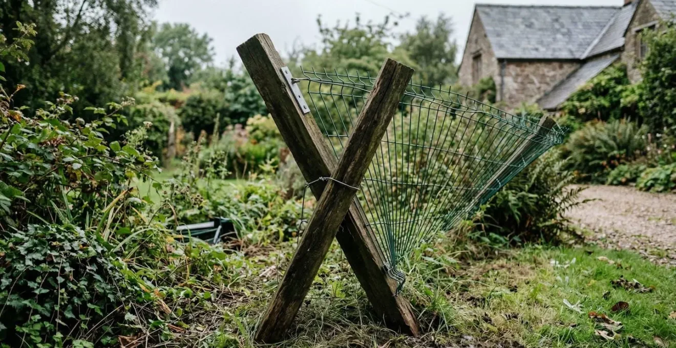 Poteau de clôture rigide visiblement penché montrant un défaut d'ancrage