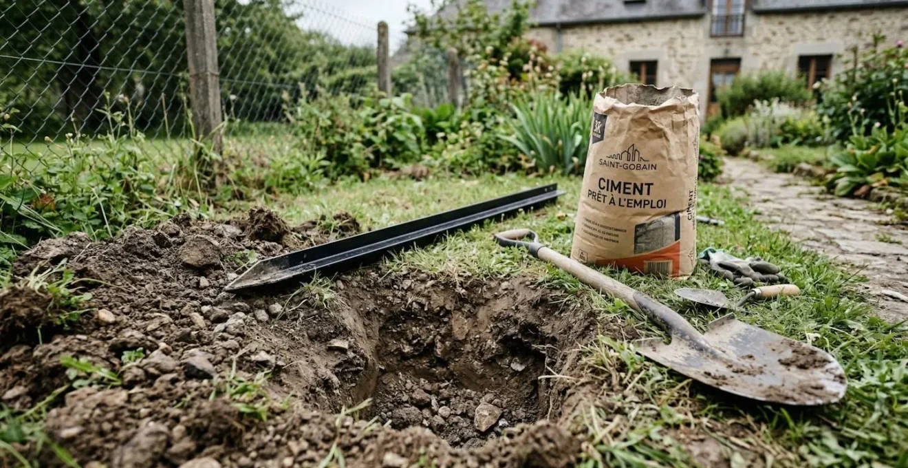 Trou préparé pour scellement d'un poteau de clôture rigide avec béton
