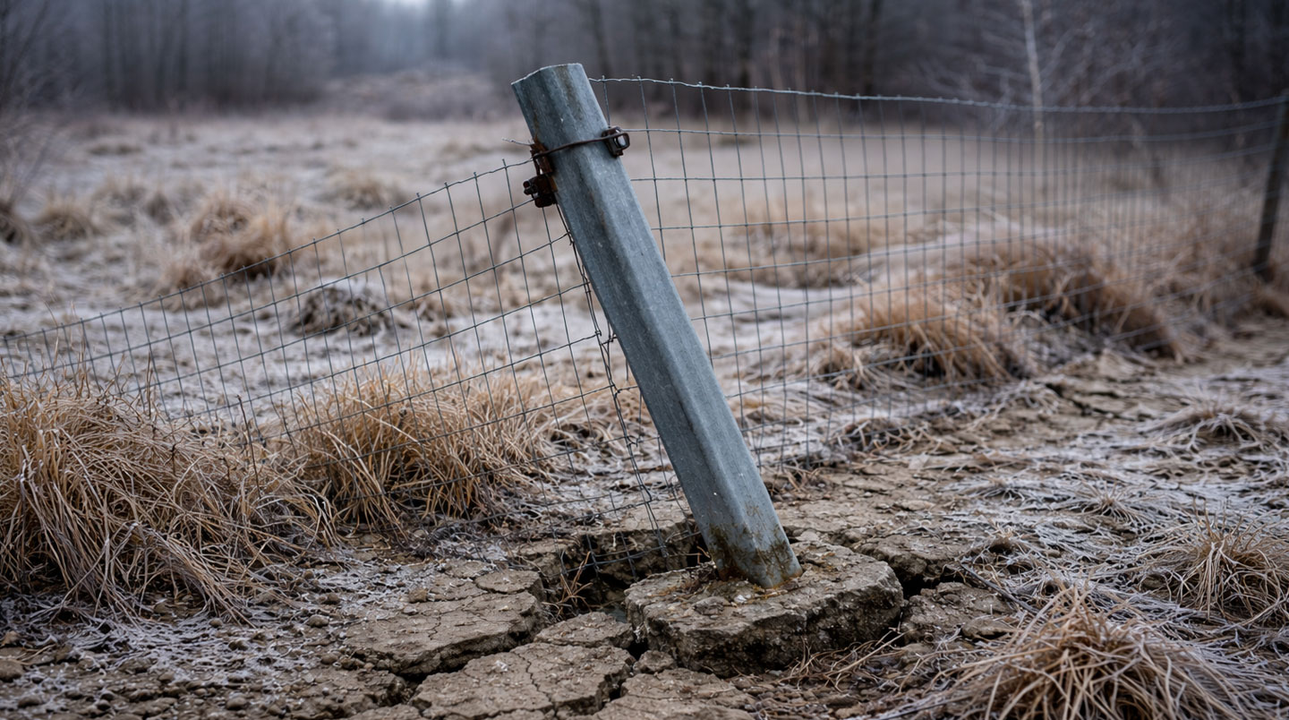 Poteau de clôture rigide visiblement penché montrant un défaut d'ancrage