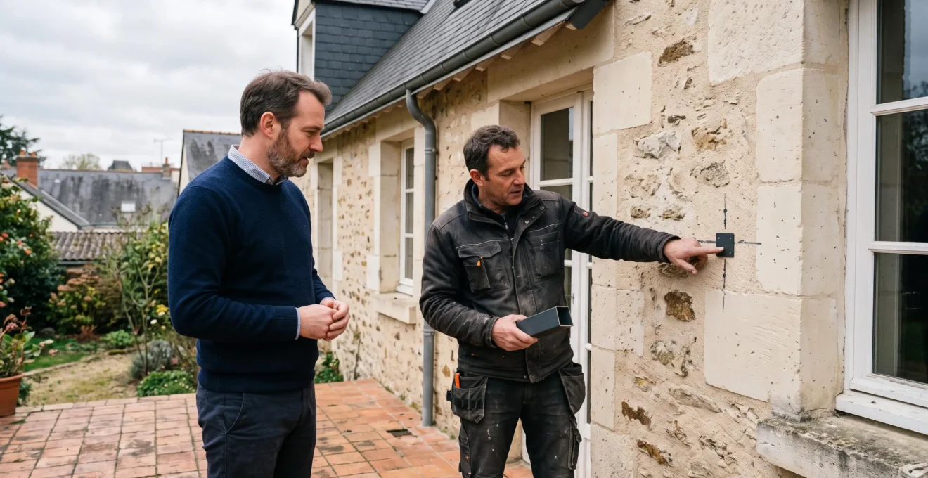 Artisan métallier et propriétaire discutant du point de fixation d'une future pergola acier sur la façade d'une maison à Angers
