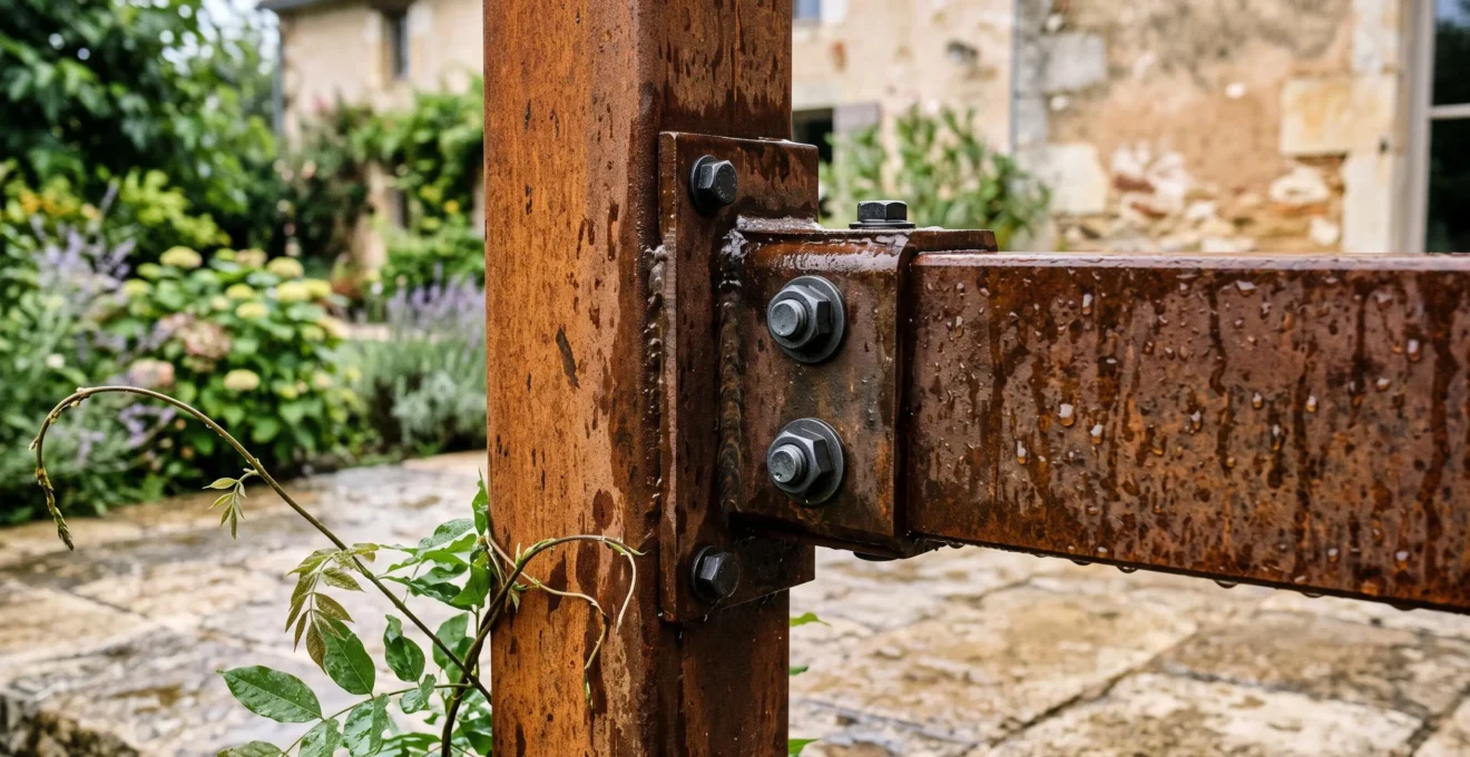 Gros plan sur l'assemblage soudé et boulonné d'une pergola en acier corten patiné, avec gouttes de pluie et plante grimpante