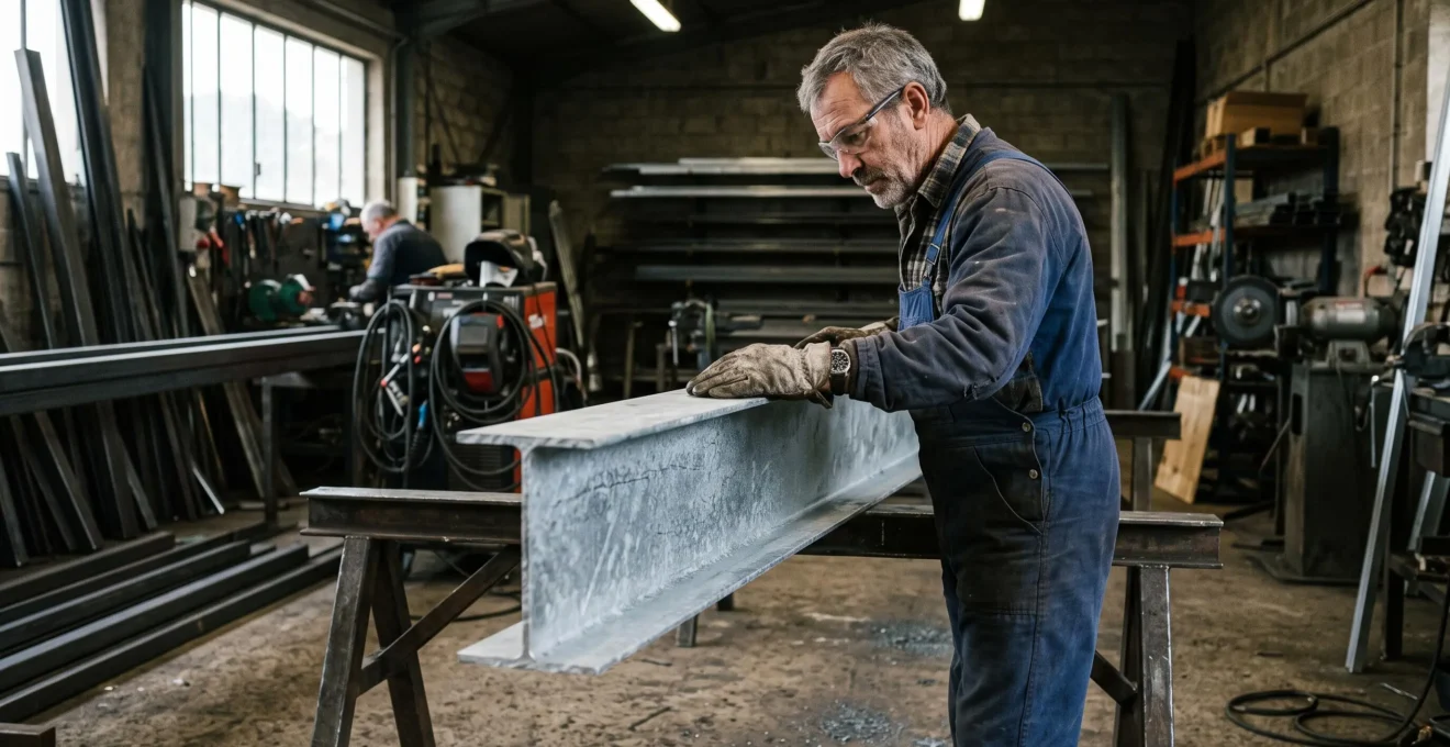 Métallier en blouse de travail inspectant la surface galvanisée d'un poteau de pergola en acier dans un atelier de fabrication