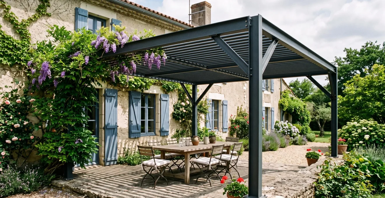 Pergola en acier noir galvanisé installée sur une terrasse en pierre d'une maison angevine, avec plantes grimpantes sur un côté